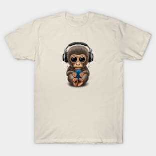 Cute Baby Monkey With Cell Phone Wearing Headphones T-Shirt